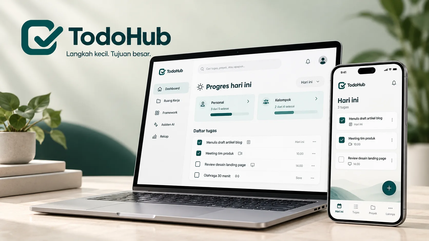 Mockup TodoHub pada laptop dan ponsel, menampilkan progres personal, kelompok, dan daftar tugas harian